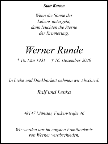 Traueranzeige von Werner Runde von Die Glocke