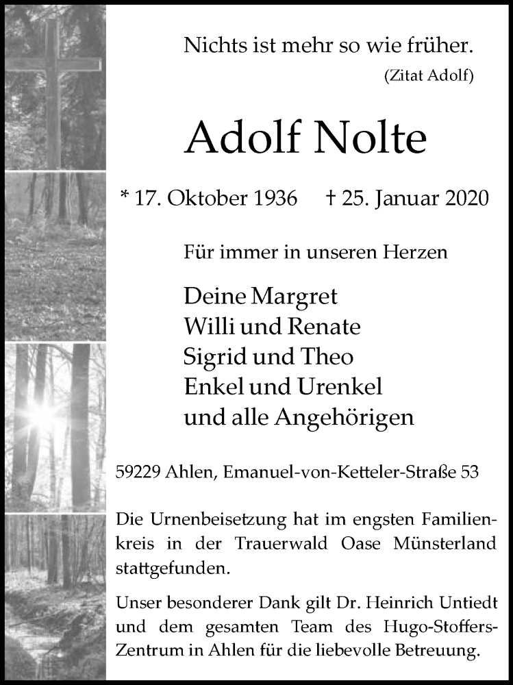  Traueranzeige für Adolf Nolte vom 01.02.2020 aus Die Glocke