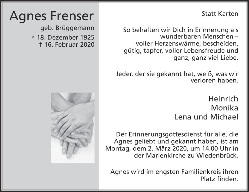  Traueranzeige für Agnes Frenser vom 26.02.2020 aus Die Glocke