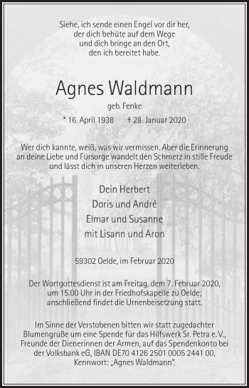 Traueranzeige von Agnes Waldmann von Die Glocke