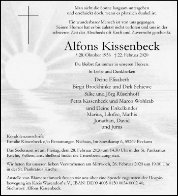 Traueranzeige von Alfons Kissenbeck von Die Glocke