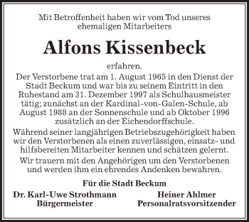 Traueranzeige von Alfons Kissenbeck von Die Glocke