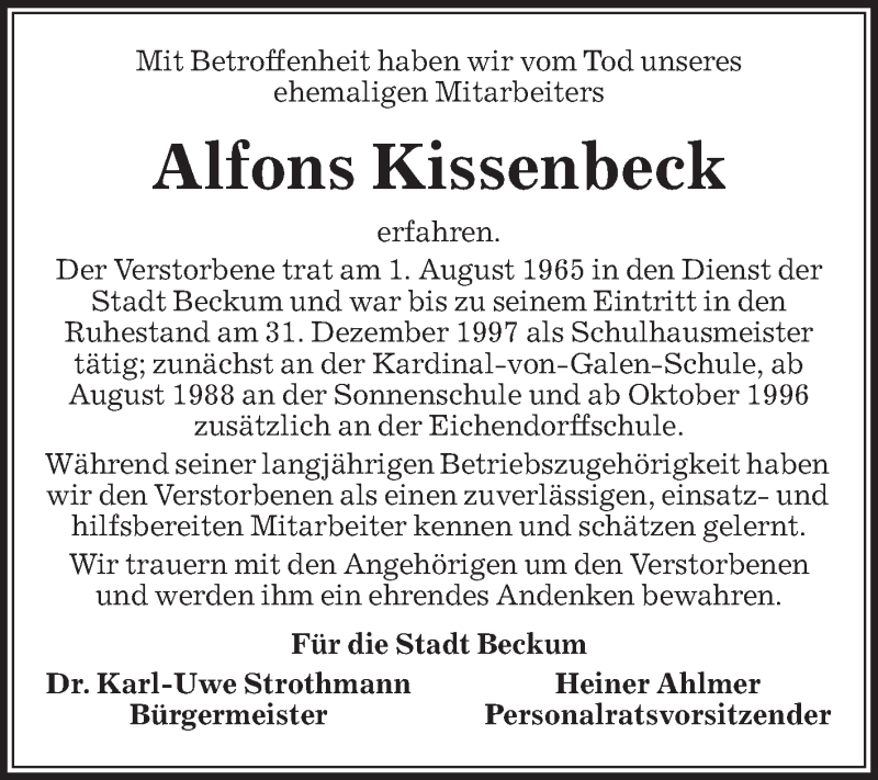  Traueranzeige für Alfons Kissenbeck vom 28.02.2020 aus Die Glocke