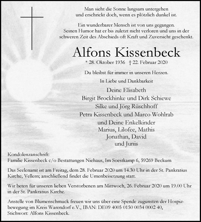  Traueranzeige für Alfons Kissenbeck vom 25.02.2020 aus Die Glocke