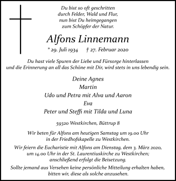 Traueranzeige von Alfons Linnemann von Die Glocke