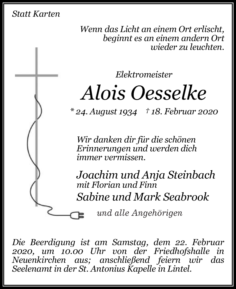 Traueranzeige für Alois Oesselke vom 20.02.2020 aus Die Glocke