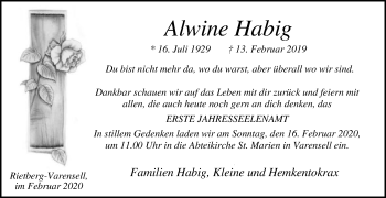 Traueranzeige von Alwine Habig von Die Glocke