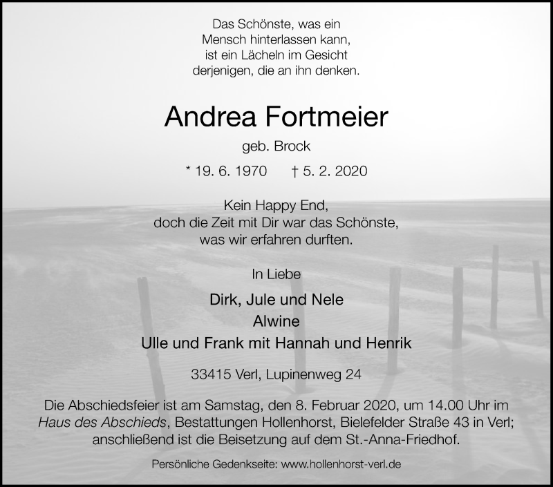  Traueranzeige für Andrea Fortmeier vom 07.02.2020 aus Die Glocke
