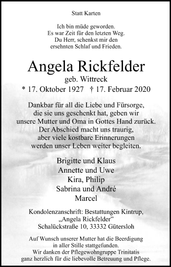 Traueranzeige von Angela Rickfelder von Die Glocke