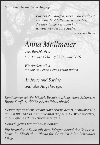 Traueranzeige von Anna Möllmeier von Die Glocke