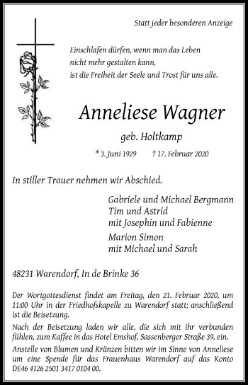 Traueranzeige von Anneliese Wagner von Die Glocke