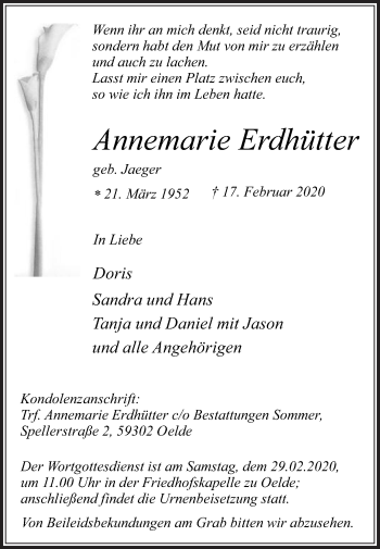 Traueranzeige von Annemarie Erdhütter von Die Glocke