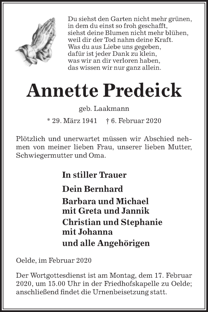  Traueranzeige für Annette Predeick vom 12.02.2020 aus Die Glocke