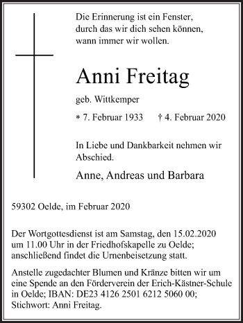 Traueranzeige von Anni Freitag von Die Glocke