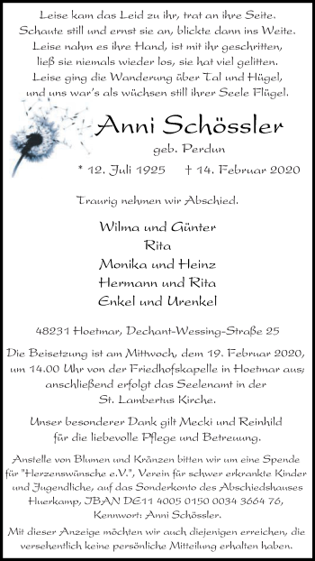 Traueranzeige von Anni Schössler von Die Glocke