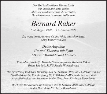 Traueranzeige von Bernard Raker von Die Glocke
