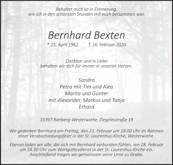Traueranzeige von Bernhard Bexten von Die Glocke