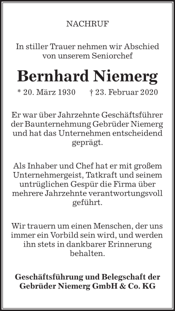 Traueranzeige von Bernhard Niemerg von Die Glocke