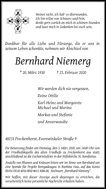 Traueranzeige von Bernhard Niemerg von Die Glocke