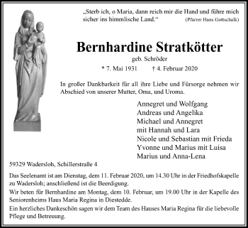 Traueranzeige von Bernhardine Stratkötter von Die Glocke