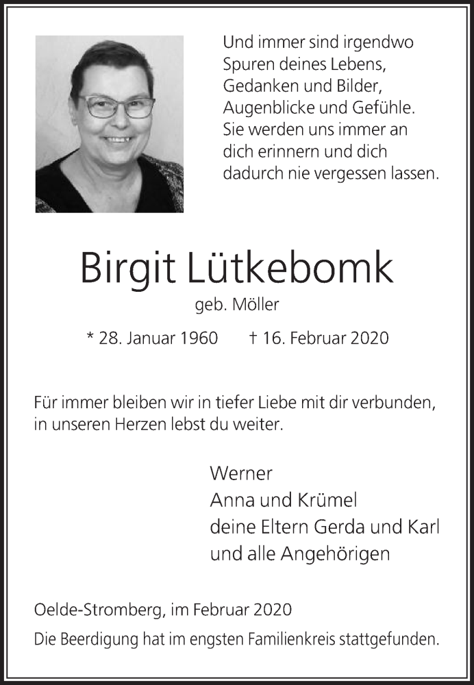  Traueranzeige für Birgit Lütkebomk vom 26.02.2020 aus Die Glocke