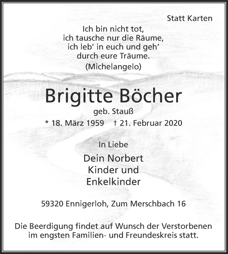  Traueranzeige für Brigitte Böcher vom 29.02.2020 aus Die Glocke