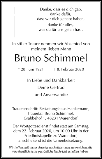Traueranzeige von Bruno Schimmel von Die Glocke
