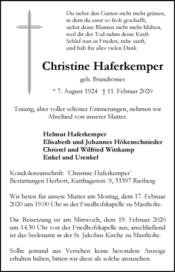 Traueranzeige von Christine Haferkemper von Die Glocke