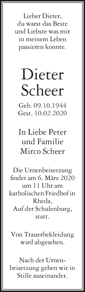  Traueranzeige für Dieter Scheer vom 29.02.2020 aus Die Glocke