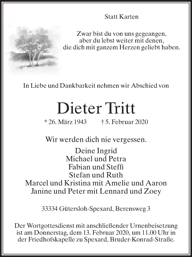  Traueranzeige für Dieter Tritt vom 08.02.2020 aus Die Glocke