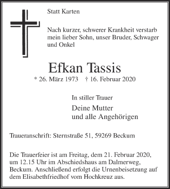 Traueranzeige von Efkan Tassis von Die Glocke