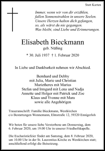 Traueranzeige von Elisabeth Bieckmann von Die Glocke