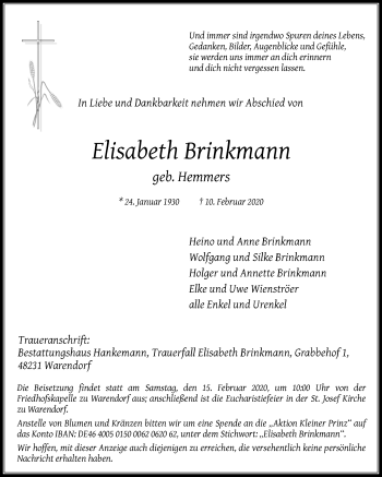Traueranzeige von Elisabeth Brinkmann von Die Glocke