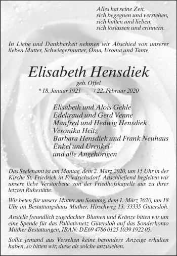 Traueranzeige von Elisabeth Hensdiek von Die Glocke