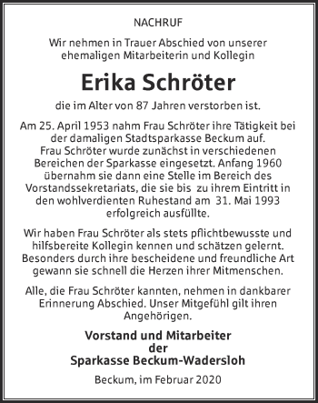 Traueranzeige von Erika Schröter von Die Glocke