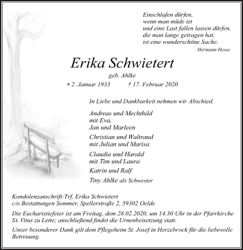 Traueranzeige von Erika Schwietert von Die Glocke