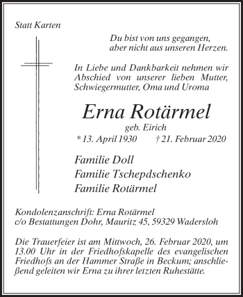 Traueranzeige von Erna Rotärmel von Die Glocke
