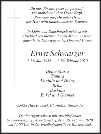 Traueranzeige von Ernst Schwarzer von Die Glocke