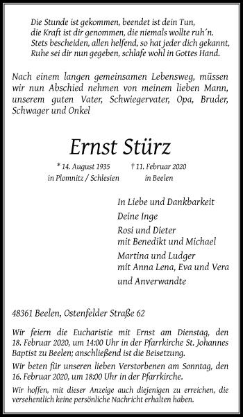 Traueranzeige von Ernst Stürz von Die Glocke