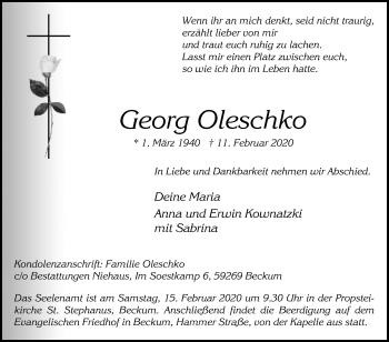 Traueranzeige von Georg Oleschko von Die Glocke