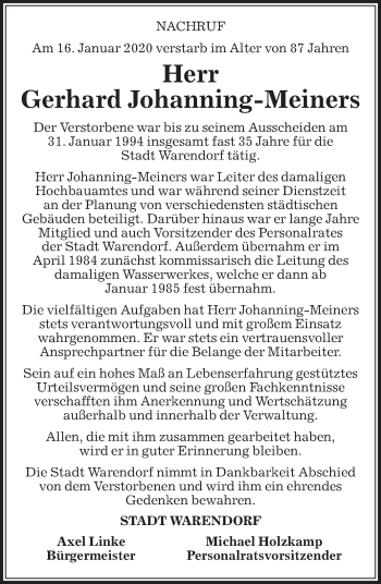 Traueranzeige von Gerhard Johanning-Meiners von Die Glocke