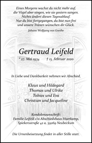 Traueranzeige von Gertraud Leifeld von Die Glocke