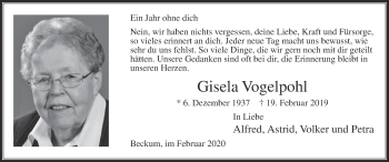 Traueranzeige von Gisela Vogelpohl von Die Glocke