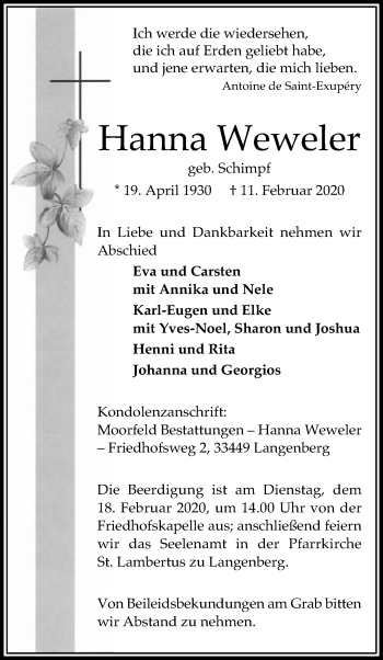 Traueranzeige von Hanna Weweler von Die Glocke