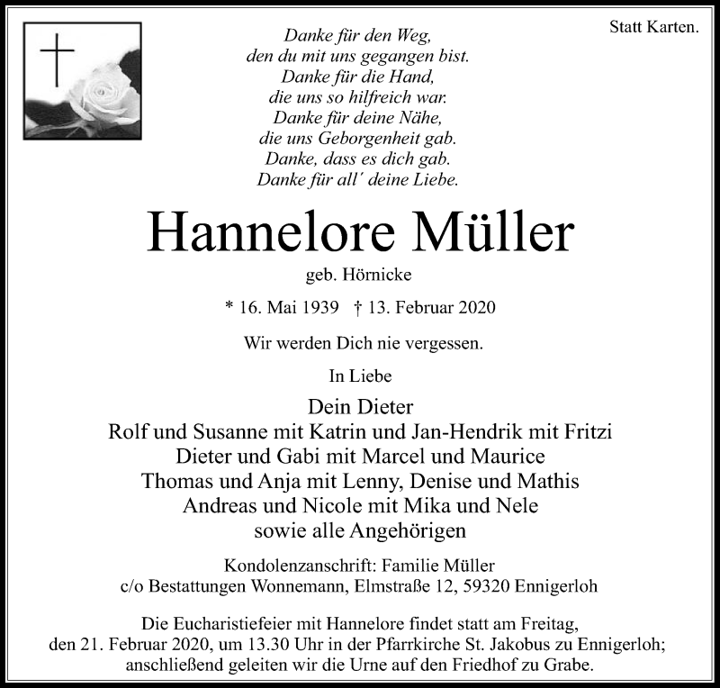  Traueranzeige für Hannelore Müller vom 15.02.2020 aus Die Glocke