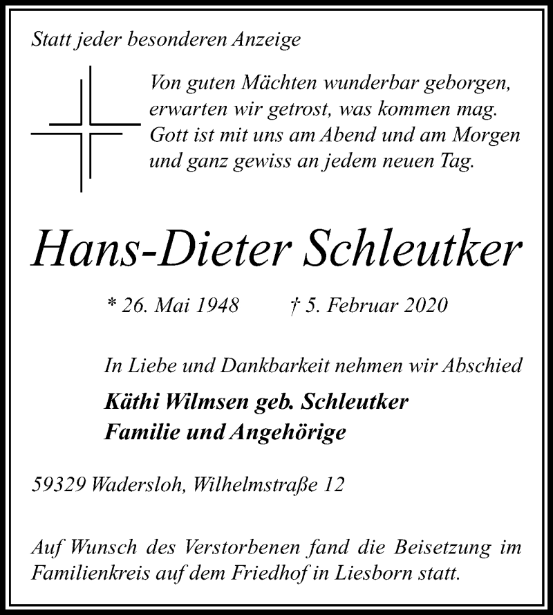  Traueranzeige für Hans-Dieter Schleutker vom 15.02.2020 aus Die Glocke