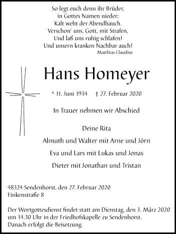 Traueranzeige von Hans Homeyer von Die Glocke