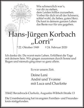 Traueranzeige von Hans-Jürgen Korbach von Die Glocke