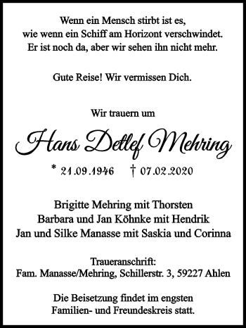 Traueranzeige von Hans Detlef Mehring von Die Glocke