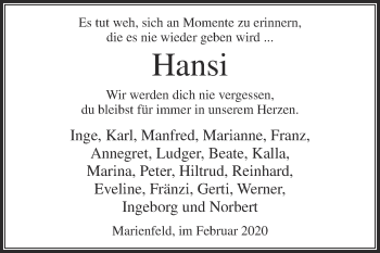 Traueranzeige von Hansi  von Die Glocke